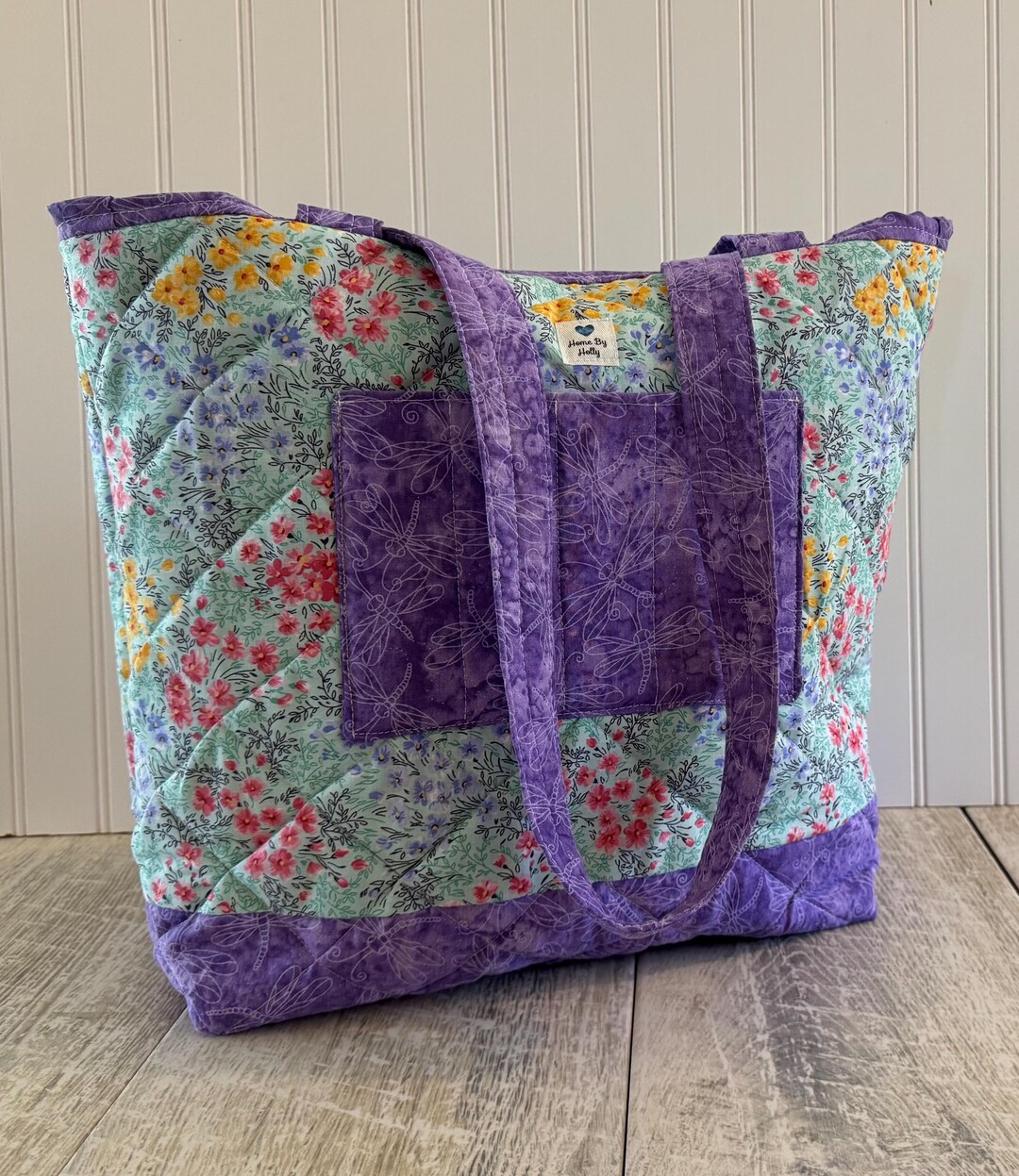 Large Quilted Tote Bag, Purple Floral Cotton, Lined Interior Pocket - Etsy