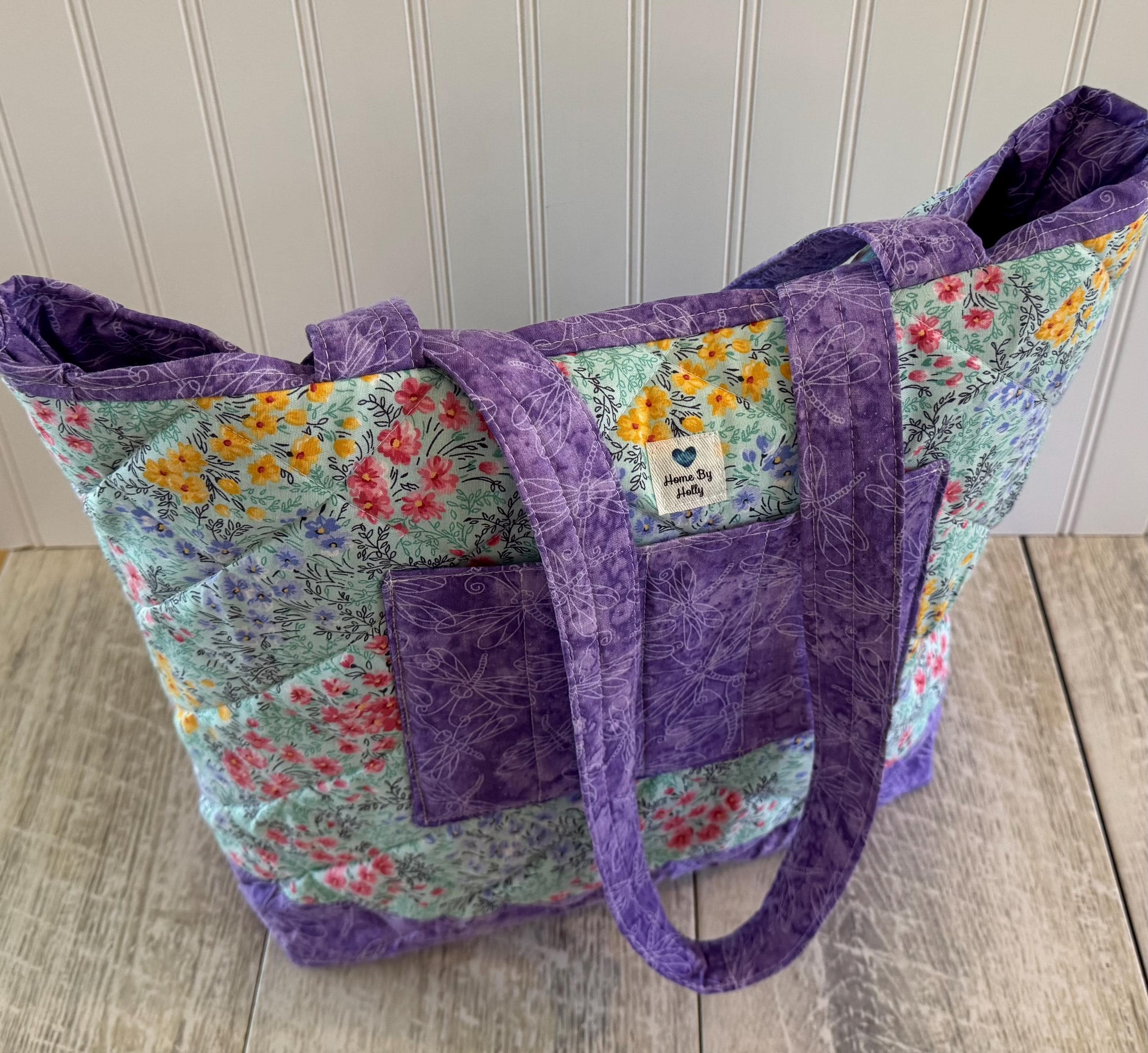 Large Quilted Tote Bag, Purple Floral Cotton, Lined Interior Pocket - Etsy
