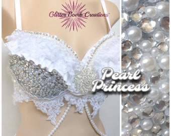 Pearl and Rhinestone Rave Bra/ Winter Wonderland Festival Top/ White Night Costume/ Bride and Bachelorette Outfit/ Snow Angel MADE TO ORDER
