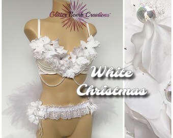 READY TO SHIP* 34C White Glitter Flower Holiday Bra/ Winter Wonderland Rave Bra/ White Night Snow Angel Costume / Christmas Festival Tutu
