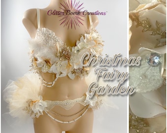 Champagne Flower Festival Costume / Flower Rave Bra / Sparkly Christmas / Golden Fairy / Holiday Festive Wear / Gold / Cream MADE to ORDER
