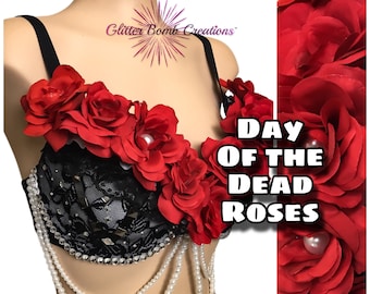 Day of the Dead Costume/ Rose Rave Bra/ Red Roses and Pearls/ Mexican Festival Costume Top/ Black and Red Festival Top/ MADE TO ORDER