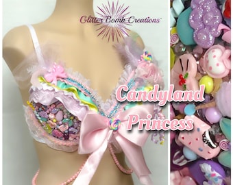 Candyland Theme Rave Bra/ Candy Princess Festival Top/ Pink Cotton Candy Outfit/ Cute Rhinestone Bling Cabochons/ Ribbon Top MADE TO ORDER