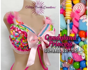 Gumball Candy Rave Bra/ Candy Land Theme Festival Costume/ Colorful Bra Top/ Candy Princess Festival Top/ Cute Bling Cabochons MADE TO ORDER