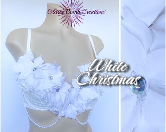 READY TO SHIP* 34C White Glitter Flower Holiday Bra/ Winter Wonderland Rave Bra/ White Night Snow Angel Flower Top/ Christmas Poinsettia Bra