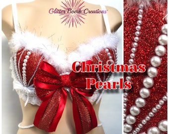 Soutien-gorge Rave de Noël / Cosplay de Noël / Haut festif de Mme Claus sexy / Vêtements sur le thème des paillettes des vacances / Costume de festival de perles / FABRIQUÉ sur commande