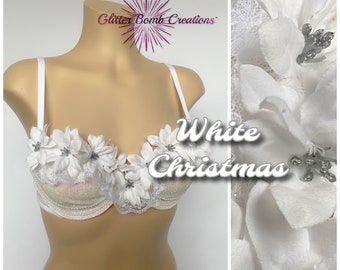 READY TO SHIP* 34B White Glitter Flower Christmas Costume/ Winter Wonderland Festival Bra/ Snow Angel Flower Top/ White Night/ Bride to be