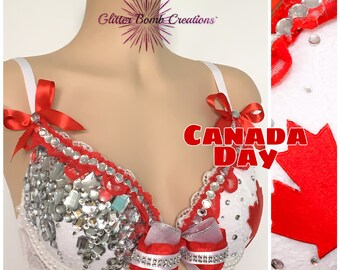 Canada Day Festival Bra/ Canadian Maple Leaf Rhinestone Rave Bra/ Red and White Bling Patriotic Festival Top/ Flag Edm Outfit MADE TO ORDER