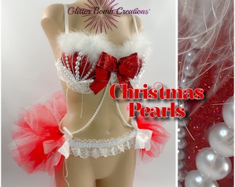 PRÊT À L'EXPÉDITION * 34C Perle de Noël Rave Bra / Saint Valentin / Costume de festival / Haut festif sexy Mme Claus / Vêtements sur le thème de paillettes de vacances / Père Noël