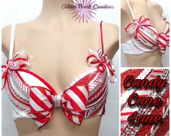Cute Candy Cane Festive Top/ Sexy Christmas Ribbon Rave Bra/ Holiday Glitter Theme Wear/ Festival Bling Costume/ Bow Bra/  MADE TO ORDER
