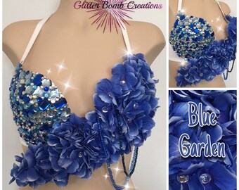Blue and White Rhinestone Flower Rave Bra/ Jewels Festivals Bra/ Custom Sparkly Edm Top/ Flower Bling Bra/ Beaded Flower Top MADE TO ORDER