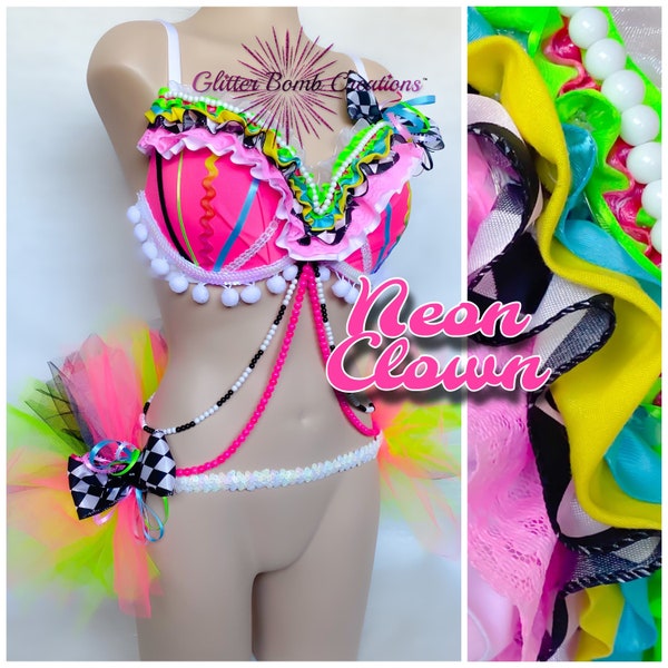 Neon Clown Costume/ Bright Rave Bra/ Colorful Tutu Costume/ Clown Cosplay/ Neon Festival Costume/ Ruffles Ribbons and Tulle/ MADE TO ORDER