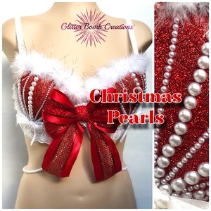 Christmas Rave Bra/ Christmas Cosplay / Sexy Mrs Claus Festive Top/ Holiday Glitter Theme Wear/ Pearl Festival Costume/  MADE TO ORDER