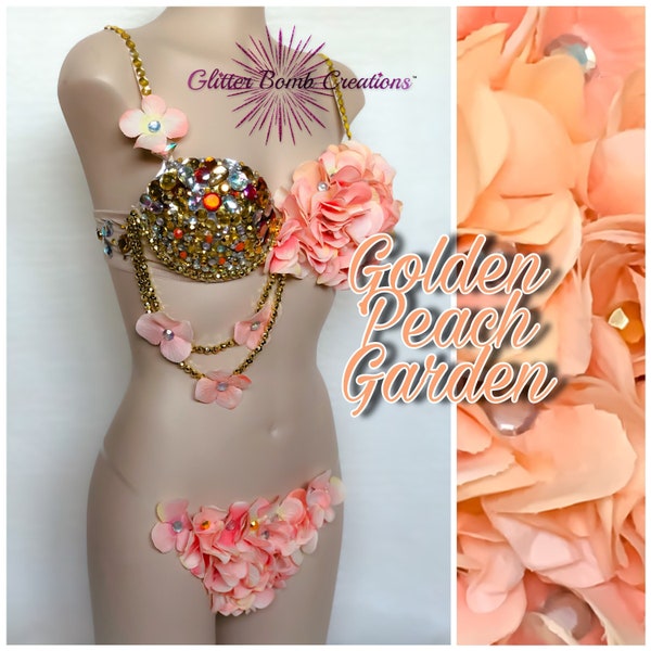 Gold and Peach Rhinestone Flower Rave Bra/ Jewels Festivals Bra Top/ Flower Garden Princess Costume/ Floral Goddess/  MADE TO ORDER