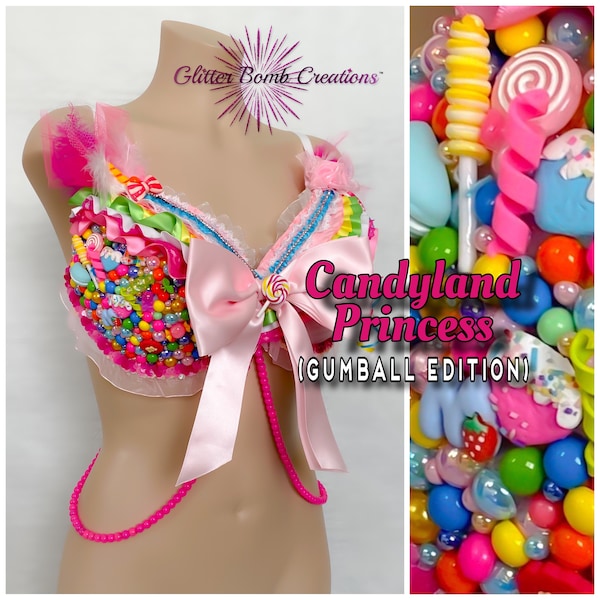 Gumball Candy Rave Bra/ Candy Land Theme Festival Costume/ Colorful Bra Top/ Candy Princess Festival Top/ Cute Bling Cabochons MADE TO ORDER