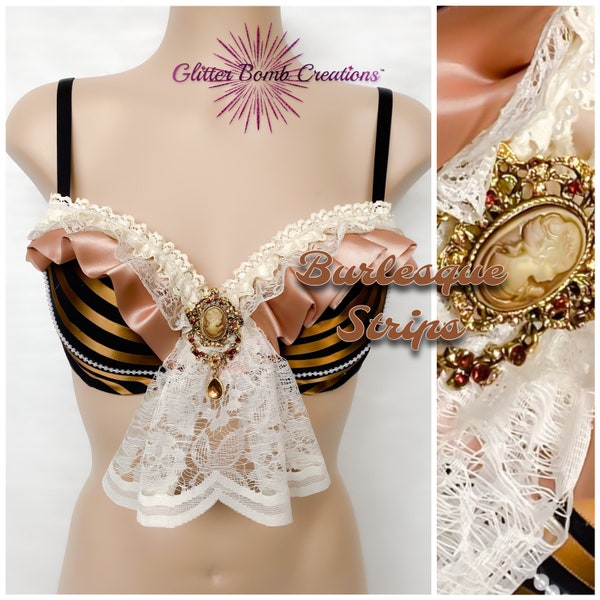 READY TO SHIP* 36C Burlesque Theme Top/ Marie Antoinette Inspired/ Victorian Outfit/ Brown Steampunk Rave Bra/ Cream Ruffle Lace Festival
