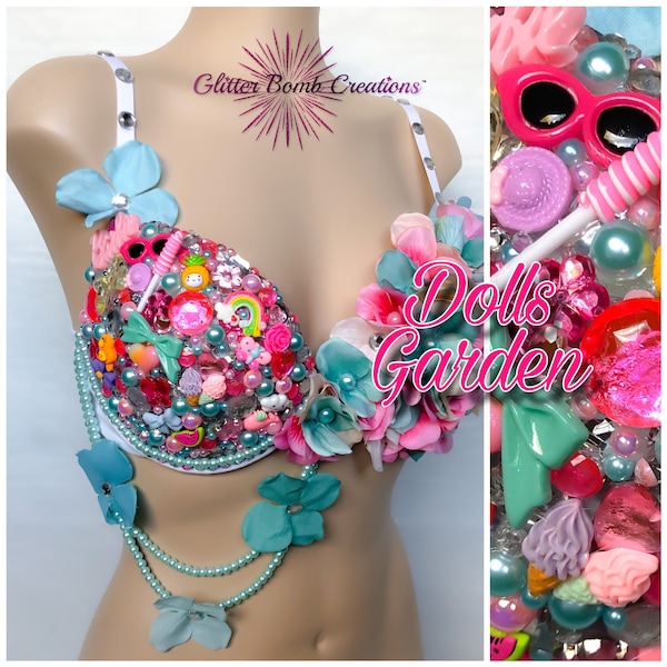 Barbie Inspired Flower Rave Bra / Pink and Turquoise Festival Top/ Rhinestone Festivals Bra/ Flower Bra Top/ Flower Bling Bra MADE TO ORDER