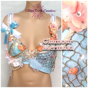 Glamour Mermaid Festival Bra Top/ Turquoise Seashell Rave Bra/ Mermaid Costume Top/ Diamonds and Seashells/ Ocean Princess/ MADE TO ORDER