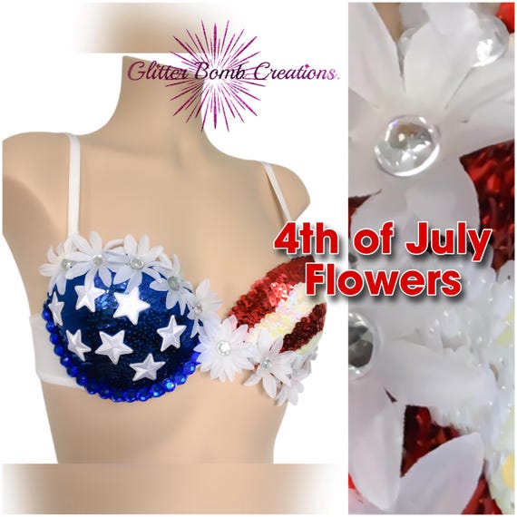 4th of July Flower Bra / All American Babe / USA Patriotic Bra/ American Flag Rave Costume/ Merica/ Red White and Blue Sequin/ MADE To ORDER