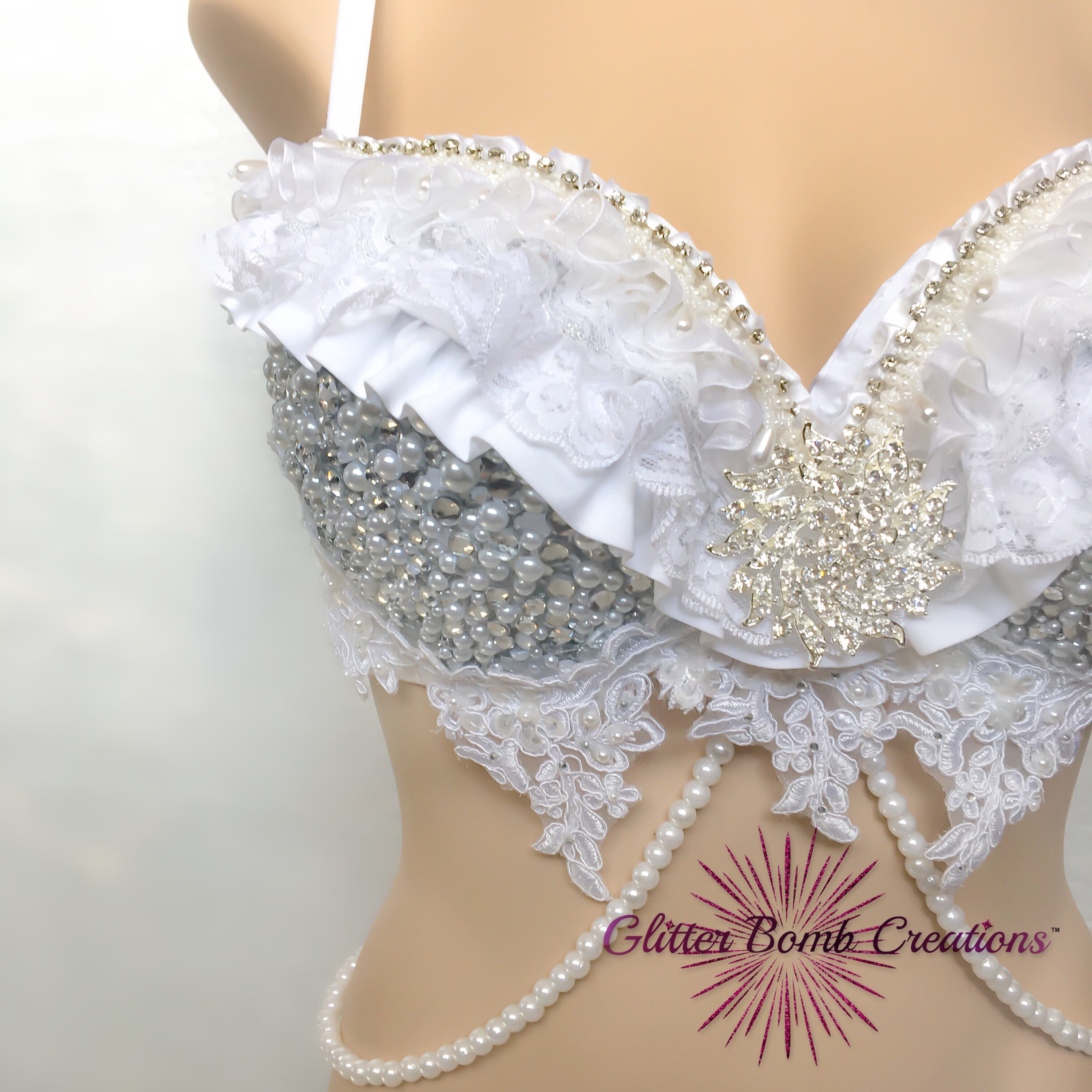 Pearl and Rhinestone Rave Bra/ Winter Wonderland Festival Top/ White ...