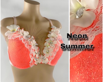 38D Neon Orange Glitter Bra: Floral Lace Festival Top READY TO SHIP