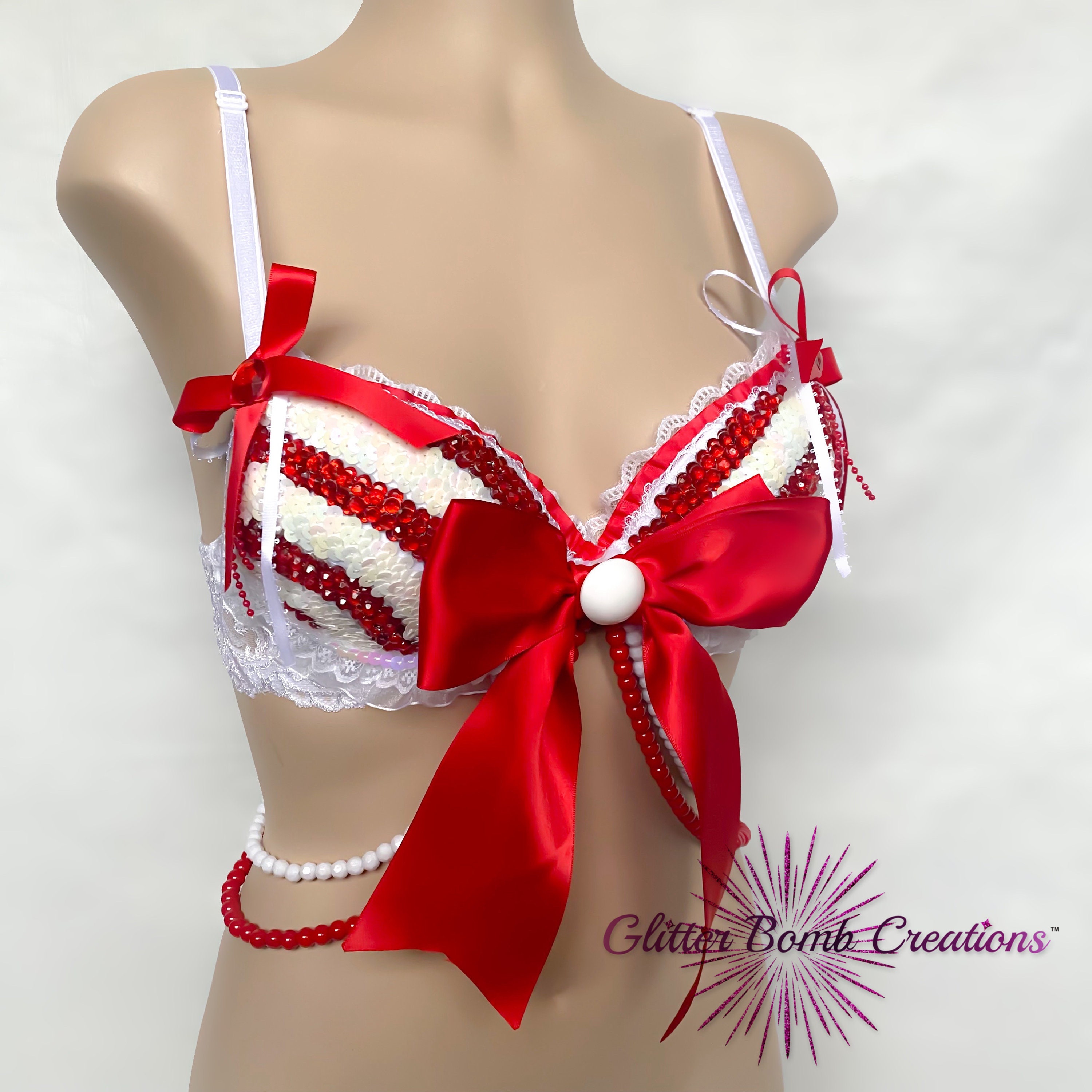 Cute Candy Cane Festive Costume/ Sexy Christmas Ribbon Rave Bra/ Holiday  Glitter Theme Wear/ Red and White Festival Costume/ MADE TO ORDER - Etsy