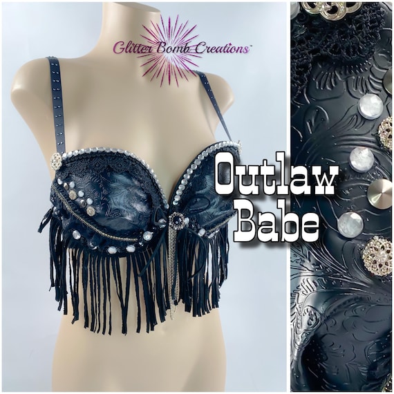 READY TO SHIP* 32D Outlaw Cowgirl Inspired Bra Top/ Wild West Theme / Sexy  Western Halloween Costume/ Fringe and Faux Leather/ Biker Babe