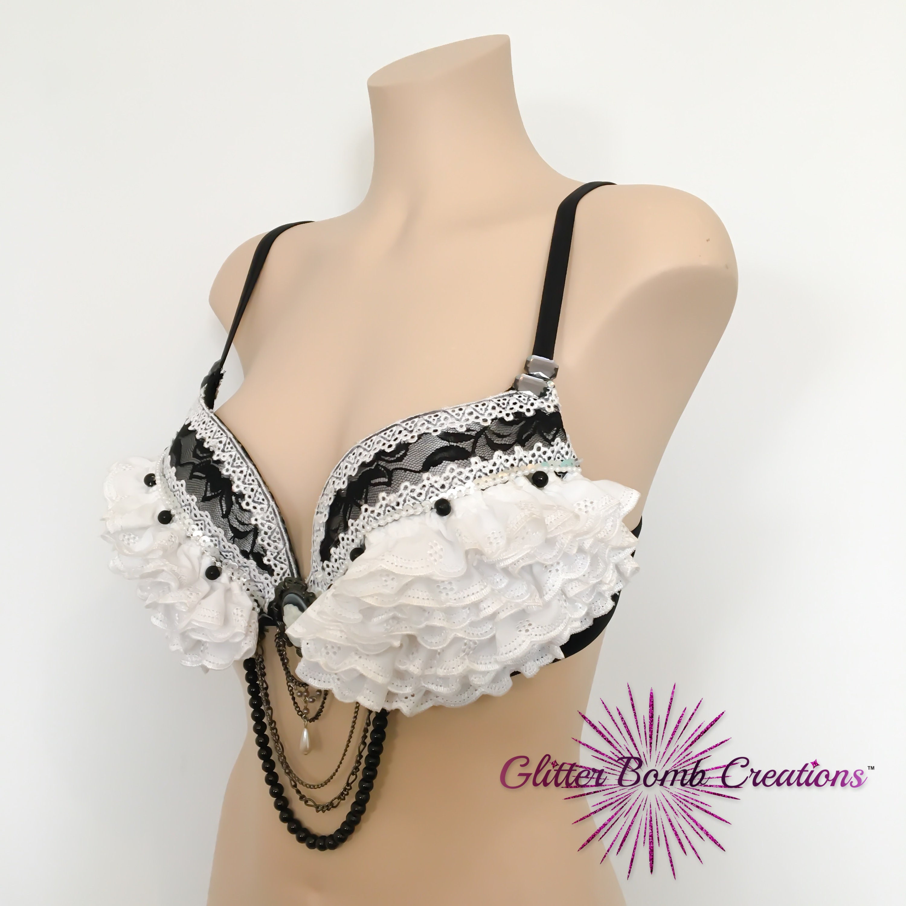 Black and White Rave Bra/ Burlesque Theme Bra/ Victorian Outfit/ Ruffle and  Lace Festival Bra/ Sexy Vampire Halloween Costume MADE TO ORDER -   Ireland