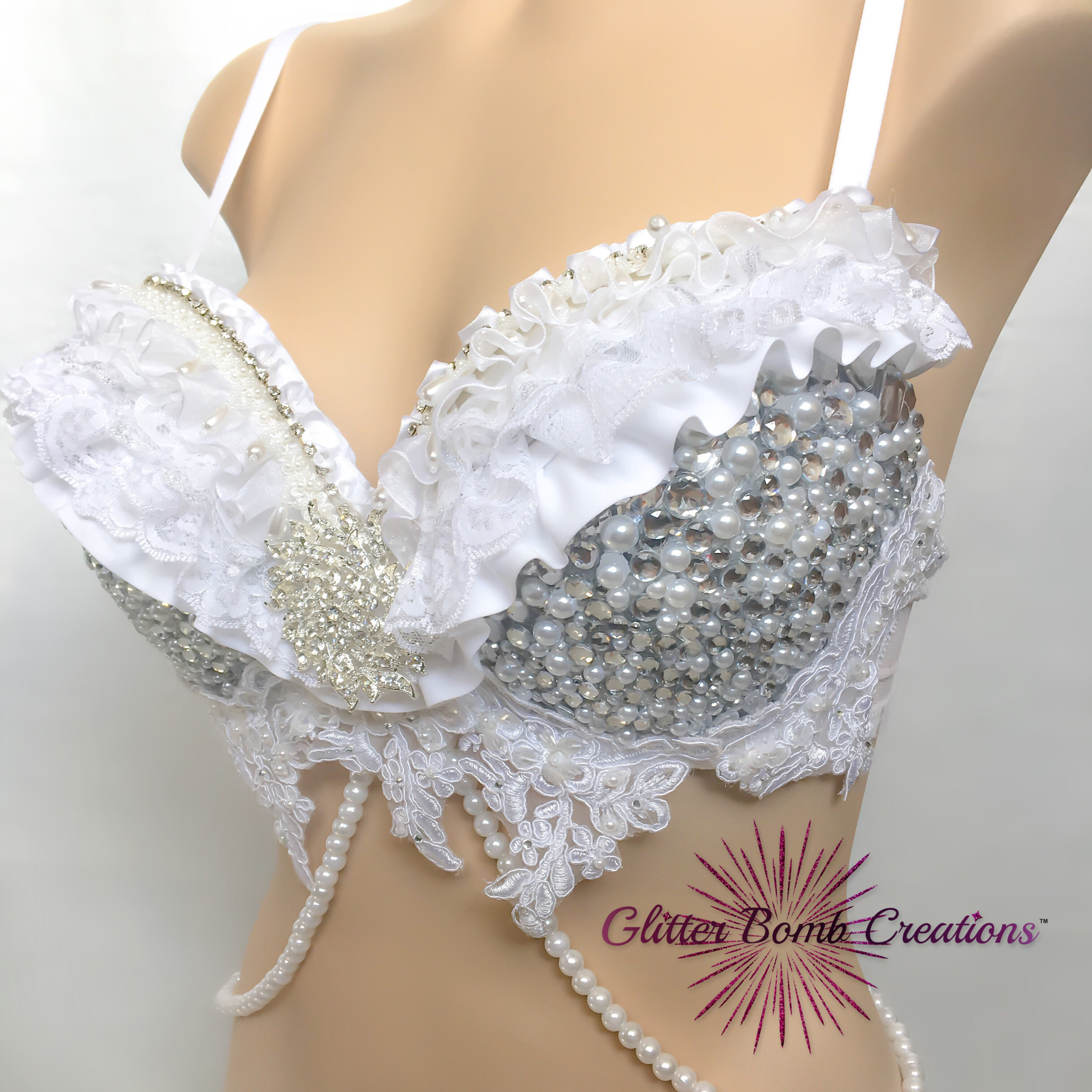 Pearl and Rhinestone Rave Bra/ Winter Wonderland Festival Top/ White ...