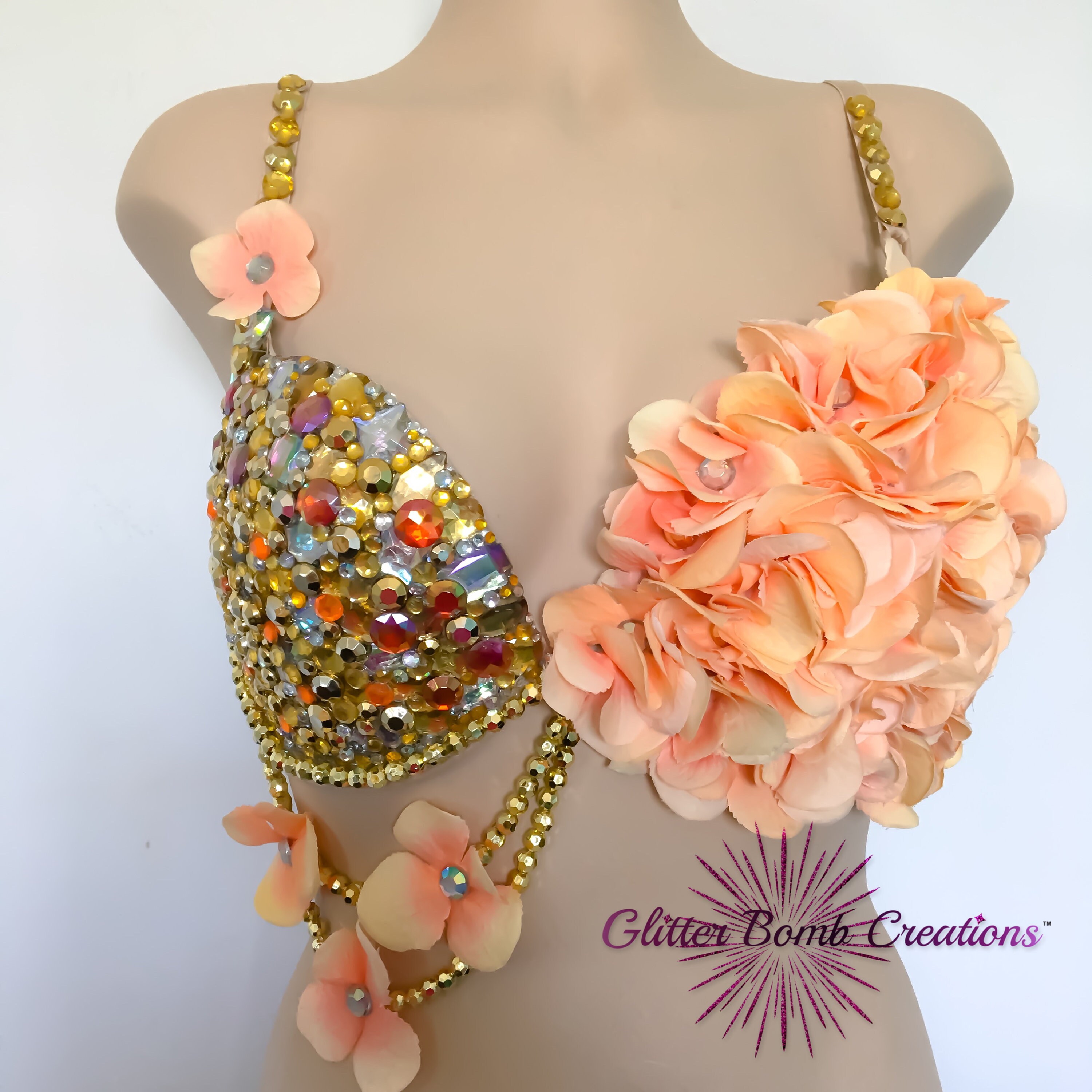 Gold and Peach Rhinestone Flower Rave Bra/ Jewels Festivals Bra Top ...