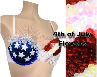 4th of July Sequin Flower Bra, USA Patriotic Rave Costume MADE To ORDER