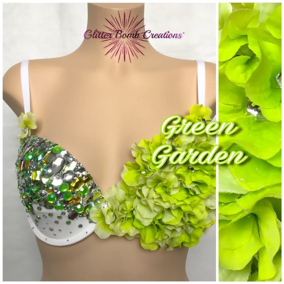 Lime Green Flower Bra/ Green Fairy Rave Costume/ Rhinestone and