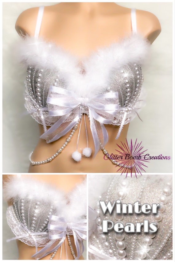 Winter Wonderland Rave Bra/ White Holiday Pearls Top/ Christmas Cosplay/ Silver Bells Festival Costume/ Faux Fur and Glitter/  MADE TO ORDER