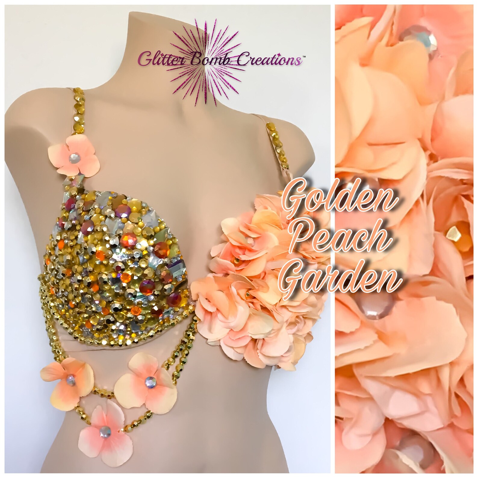 Gold and Peach Rhinestone Flower Rave Bra/ Jewels Festivals Bra Top ...