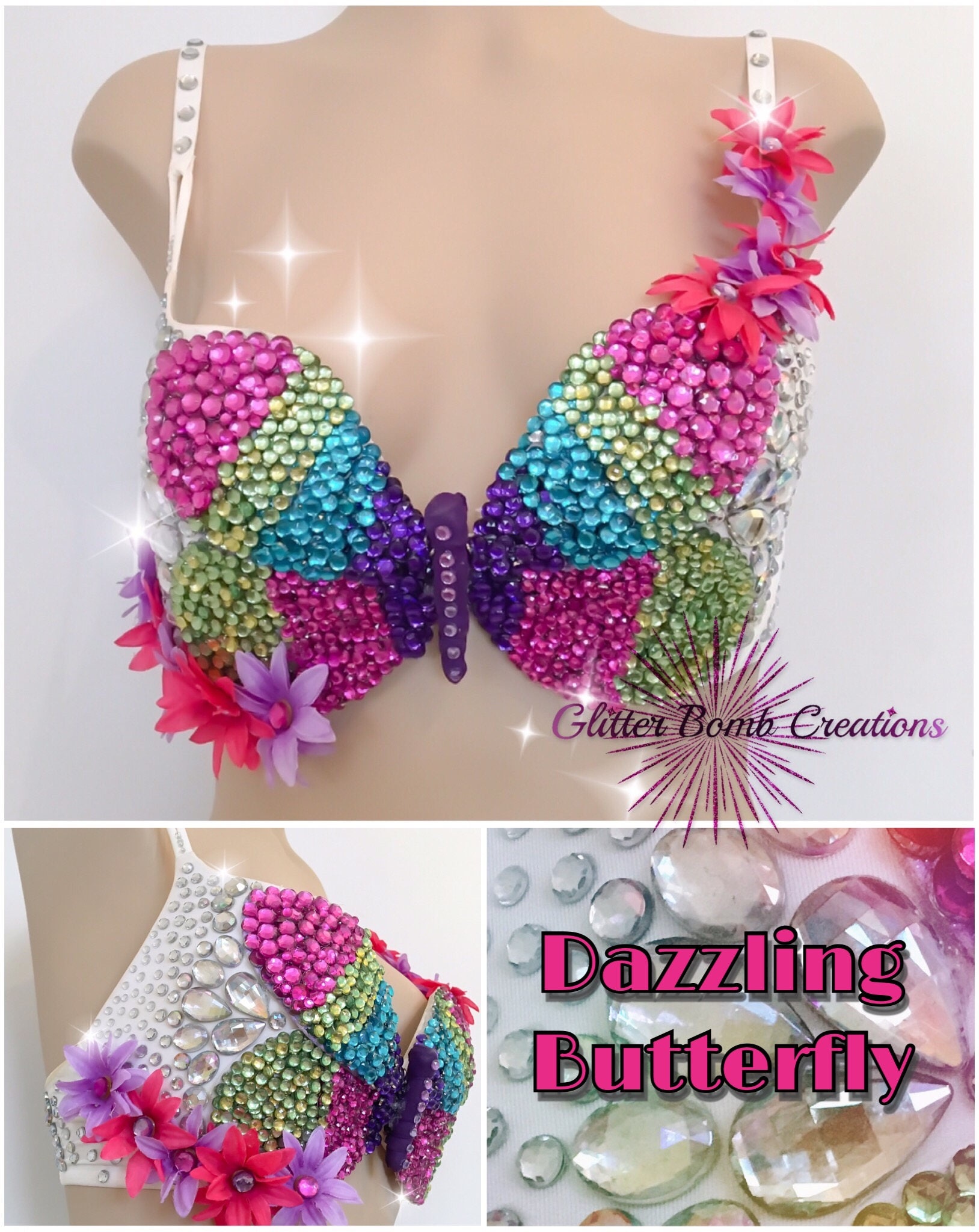 Multi Color Bling Butterfly Bra/ Pink and Purple Rhinestone Rave Bra/ Bling  Edm Festival Outfit/ Colorful Dance Wear Rave Bra MADE TO ORDER -   Israel
