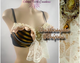 Burlesque Theme Bra/ Marie Antoinette Inspired/ Victorian Outfit/ Brown Steampunk Rave Bra/ Cream Ruffle and Lace Festival Top MADE TO ORDER