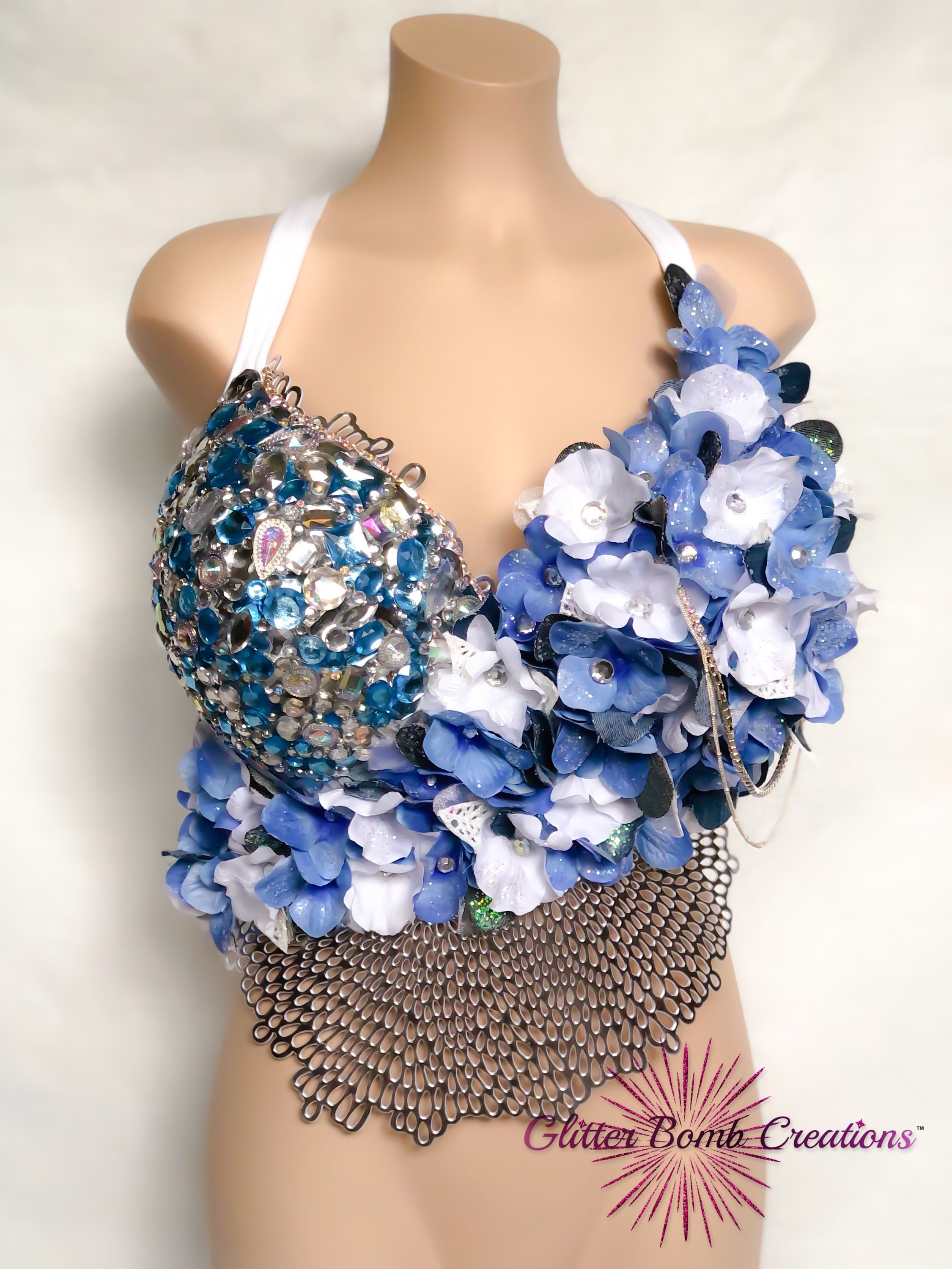 Sparkly Blue and White Rhinestone Flower Rave Bra/ Bling Festival Bra ...