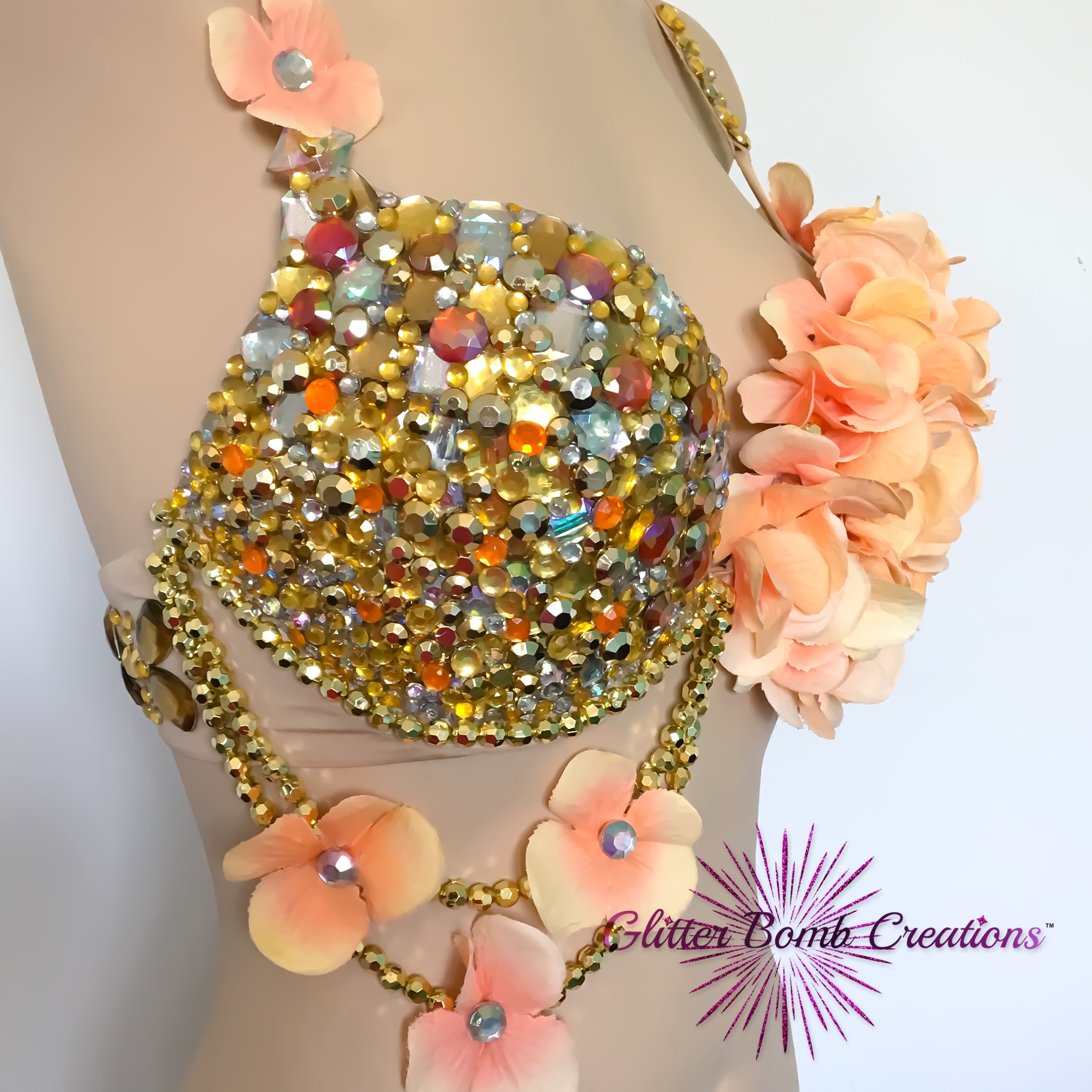 Gold and Peach Rhinestone Flower Rave Bra/ Jewels Festivals Bra Top ...