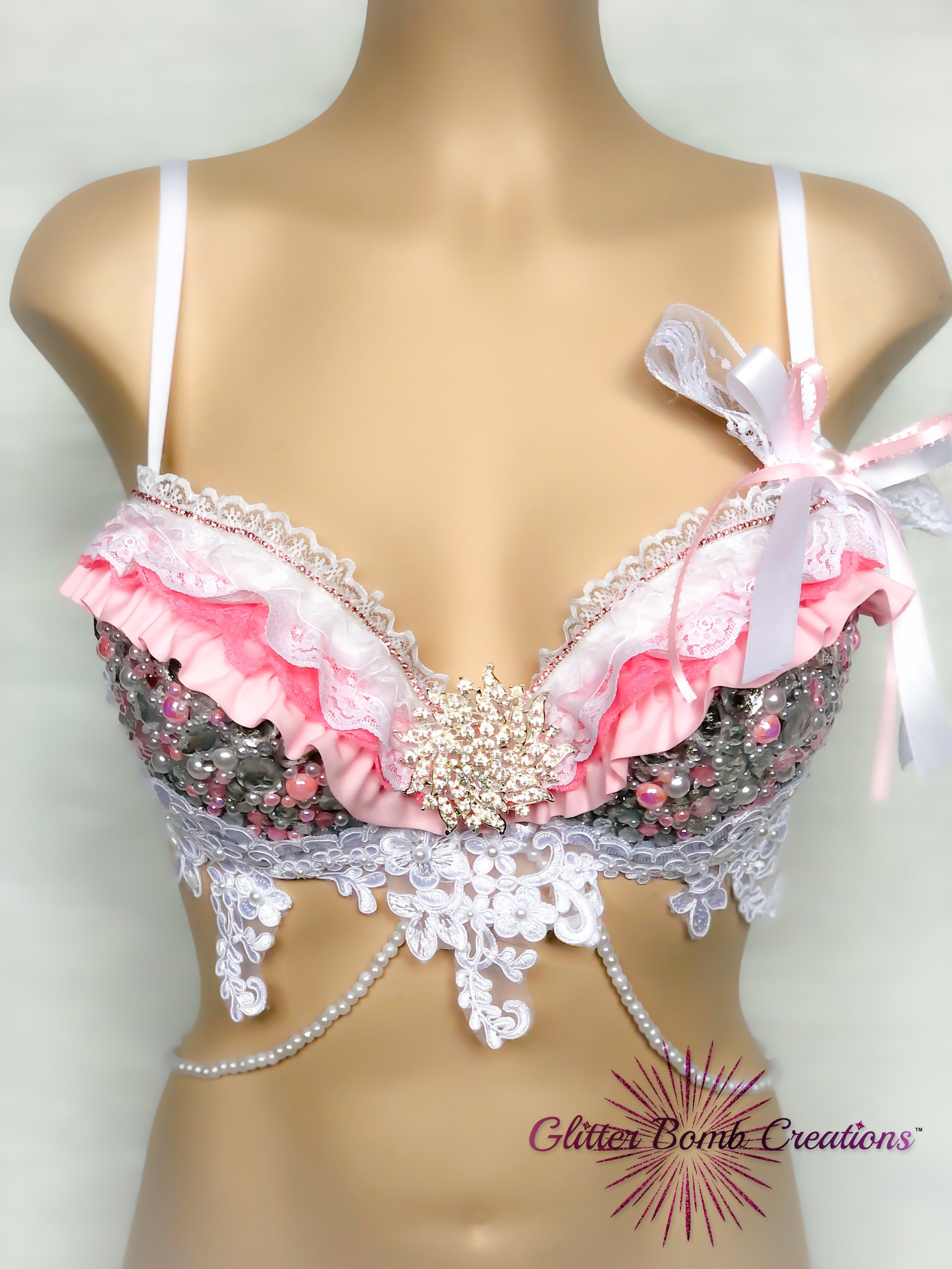 Pink Pearl and Rhinestone Rave Bra / Rose Winter Wonderland Costume ...