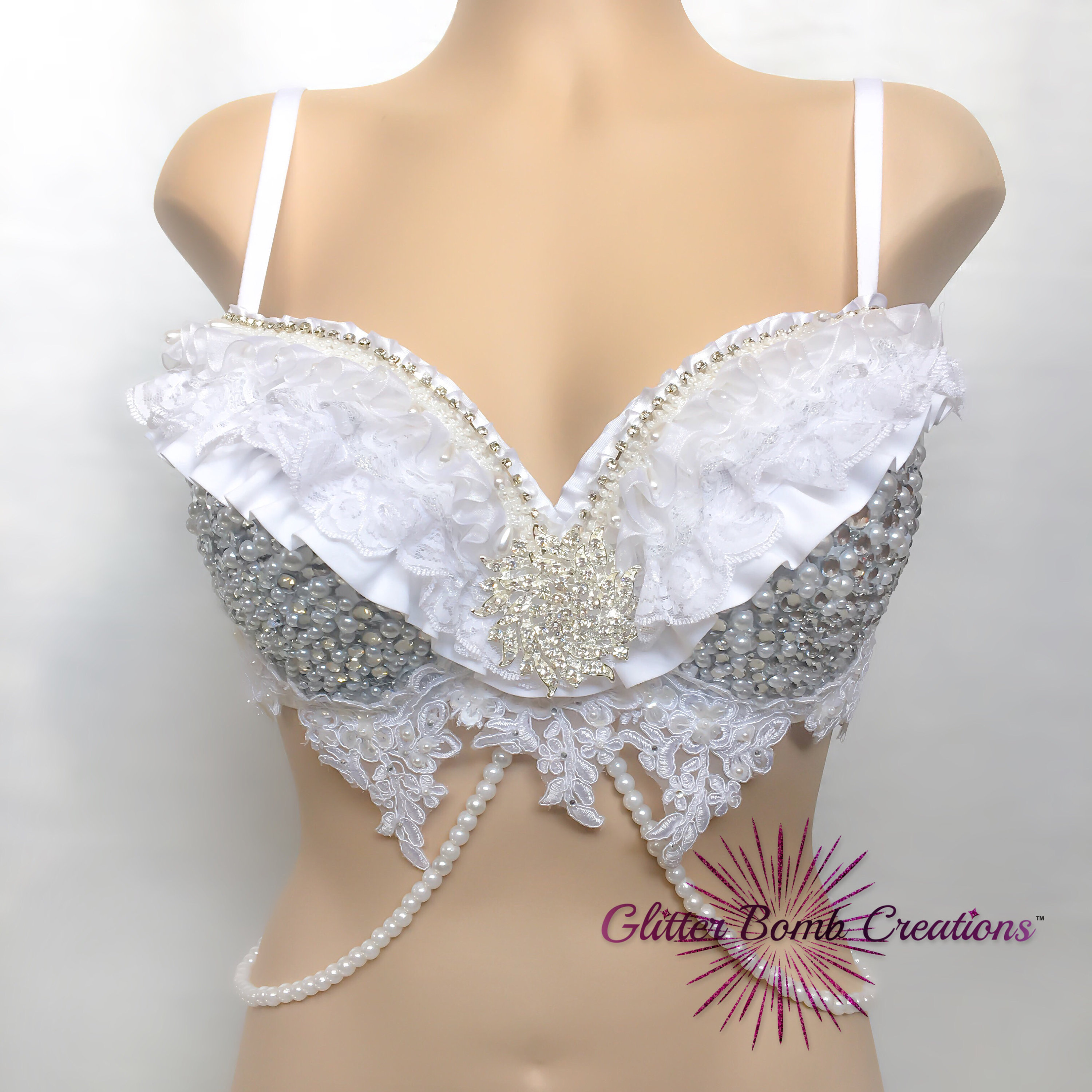 Pearl and Rhinestone Rave Bra/ Winter Wonderland Festival Top/ White ...