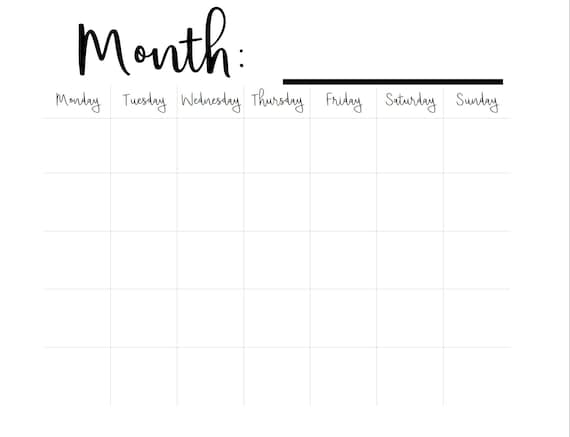 Printable Blank Monthly Calendar Monday Start A3 11.7x16.5