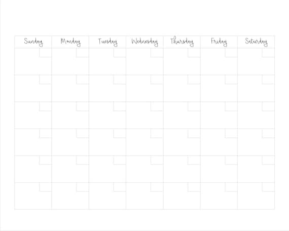 printable blank monthly calendar sunday start 20x16 etsy