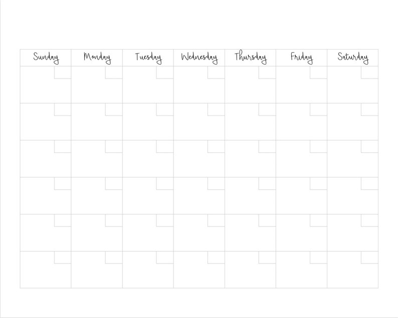 Printable Blank Monthly Calendar sunday Start 20x16 Etsy
