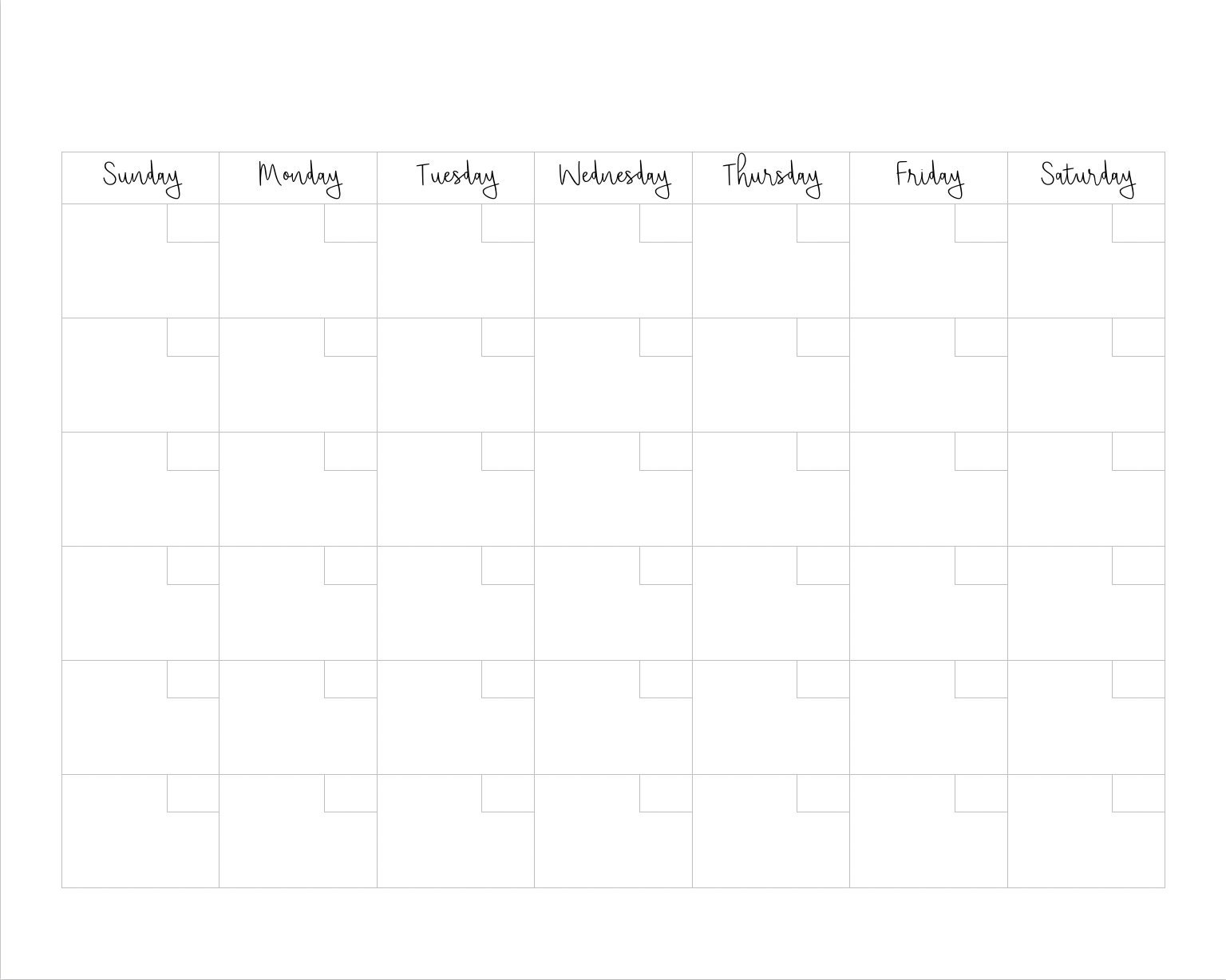 Printable blank monthly calendar sunday start 20x16 - etsy