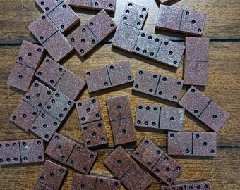 Handmade, resin, double-six domino set, chameleon brown and red
