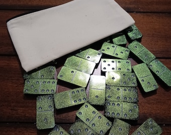 Handmade, resin, double-six domino set, galactic green