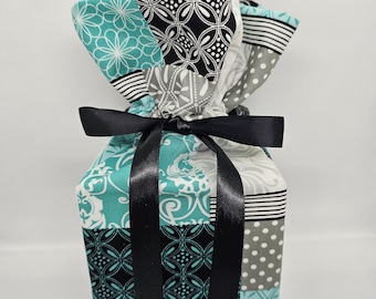 Fabric Tissue Box Cover, Tissue Box Topper, Handmade, Kitchen Decor, Black White Teal Grey Patchwork, Display, Gift For Her, Gift For Him