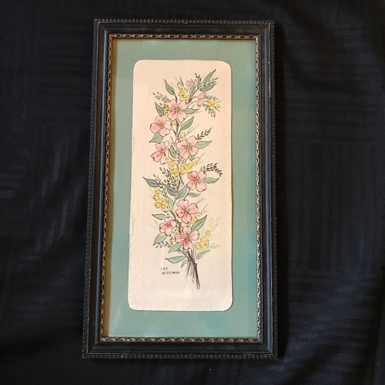 Small 70s Vintage original watercolor PAINTING signed Wiseman floral flowers pink art hand painted art home decor