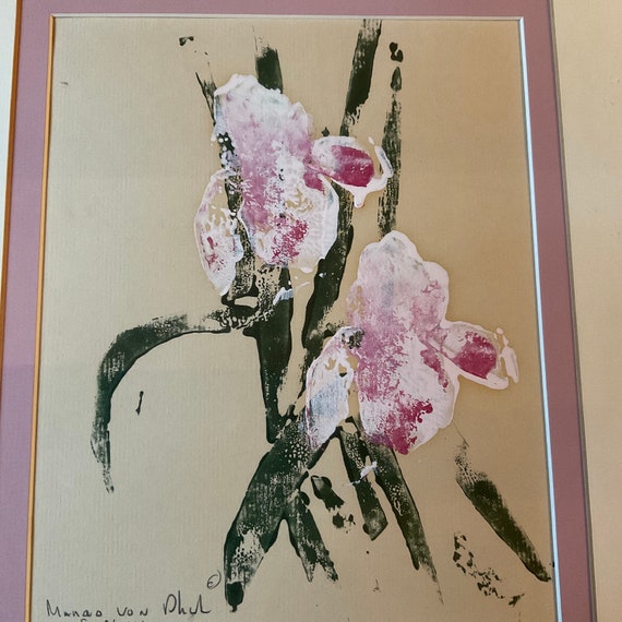 足田メロウ　原画　直筆サイン　額付き　絵画　希少　ペガサス　フラワー　ピンク　馬 1983 Iris Floral Painting, Signed Margo Von Phul, Framed - Etsy