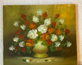 Vintage 70s Floral Oil Painting: Red Orange Roses, Signed